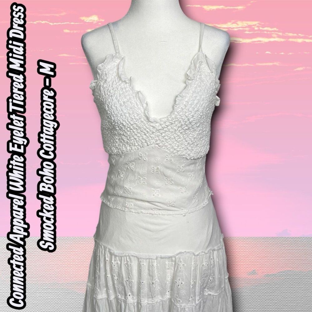 Like New Connected Apparel White Eyelet Tiered Midi Dress Smocked Boho Cottageco - Picture 3 of 9